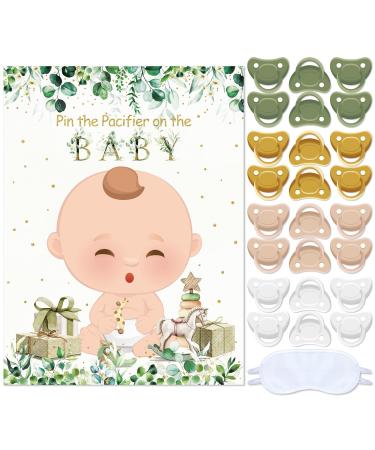 Sinmoe Pin the Pacifier on the Baby Party Games Sage Gr ne BabyArty Decorations Fasten the pacifier to the baby poster set with 24 pacifier stickers Eyebilders for young girls birthday