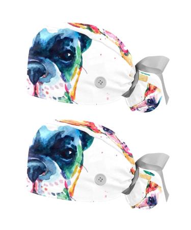 Watercolor French Bulldog Scrub Caps Hats Women Bouffant Working Hat Ponytail Holder for Women Long Hair Covers 2PCS Pattern 01
