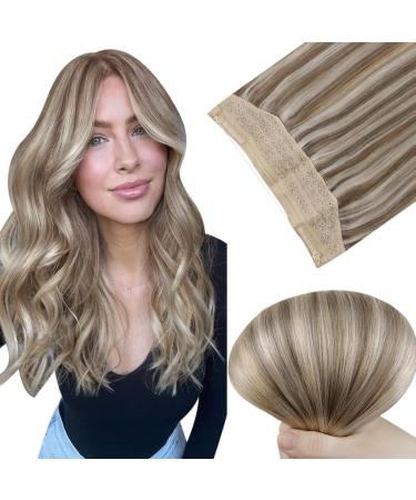 Easyouth Human Hair Wire Extensions Light Brown Highlight Platinum Blonde Wire Hair Extensions Real Hair Fish Line Hair Extensions Secret Hair 18 Inch 80g 18 Inch 1-Wire #8P60