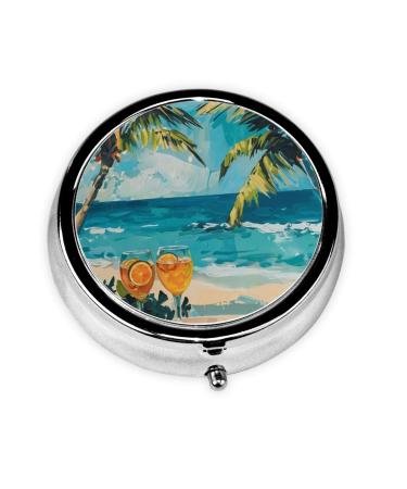 Beach and Cocktails Portable Metal Pill Box Round Mini 3-Compartment Plastic Insert hinged Fastening Design Suitable for Small Pills Must-Have for Travel