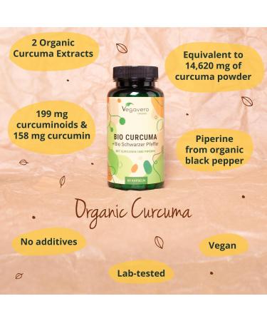 Vegavero Organic Turmeric 14620mg | Curcumin 158mg | Curcuma with Black Pepper | Piperine + Curcuminoids | NO Additives | Vegan - Buy Online on GoSupps.com