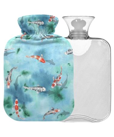 Naanle Japanese hot water bottle with watercolor koi-fish with reference transparent bag hot water bottle 2 l large warm-up bag for bed hand feet warmer pain relief heat and cold therapy