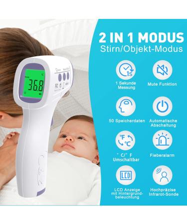 Buy Contactless Infrared Thermometer for Baby Adult & Children - Precise Fever Readings Alarm & 50 Memory Function - Digital LCD Display - White & Purple - Buy Online on GoSupps.com
