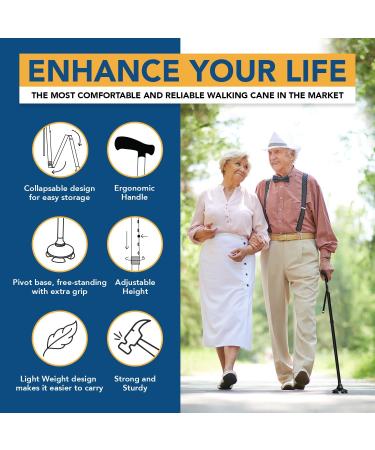 ELESIK Adjustable Folding Walking Cane for Seniors - T Handle, Pivot Base, Nylon Strap - Collapsible Black Stick for Safe Walking - Buy Online on GoSupps.com
