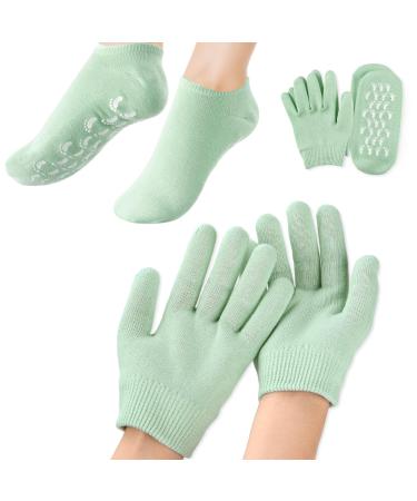 Aster Moisturising Socks and Gloves Set 4 Pcs Silicone Sock and Gloves for Women Repairing Dry Cracked Hands Feet Skin Care Gel Lining Infused with Essential Oils and Vitamins Green