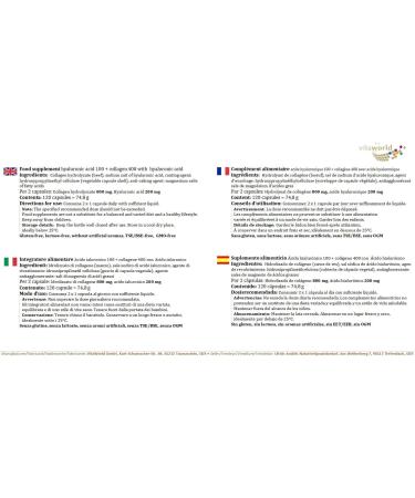 Vita World Hyaluronic Acid 100mg + Collagen 400mg 120 Capsules 100% Vegetable Biofermentation Made in Germany - Buy Online on GoSupps.com