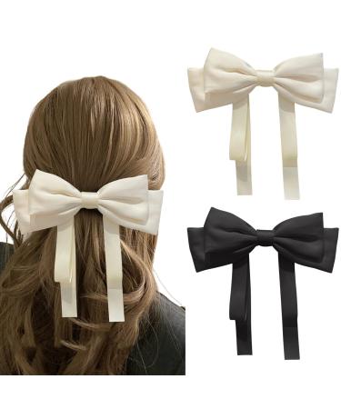 Rywicle Hair Clips Bow for Women Girls for Tassel Ribbon Bowknot Hair Claw Silky Satin French Barrette 2 Pack-White Black White and Black