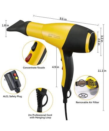 Professional Ionic Hair Dryer AC 2100W | Fast Drying with Ceramic + Tourmaline Technology | GFCI Nozzle | Low Noise | Long Life | Yellow - Buy Online on GoSupps.com