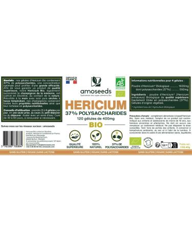 Organic Hericium Erinaceus | Memory Mushroom | Highly Dosed 37% Polysaccharides | 120 Vegan Capsules | Lion's Mane Vegan No Additives | Superior Quality | Made in France - Buy Online on GoSupps.com