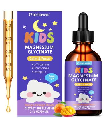 Kids Magnesium Glycinate Liquid Drops Magnesium for Kids with L-Theanine Omega-3 Vitamin D3 K2 Zinc for Sleep Calm Relaxation Brain Bones & Focus 2 Fl Oz Orange-Mango Flavor