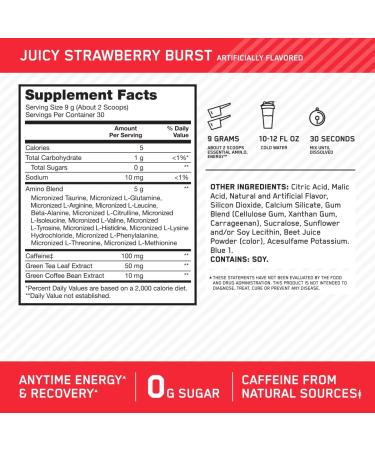 Optimum Nutrition ESSENTIAL AMIN.O. ENERGY Juicy Strawberry Burst - 9.5 oz (270 g) | Boost Energy & Focus - Buy Online on GoSupps.com