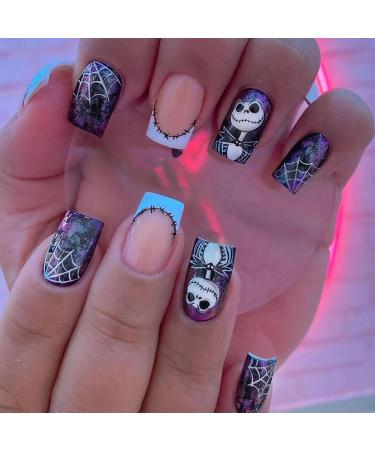 Halloween Press on Nails Medium Square SWEKKE French Fake Nails White Spider Web Full Cover Nightmare Before Christmas Nails Glossy False Nails Artificial Acrylic Nails for Women Girls 24 Pcs Halloween Nails7