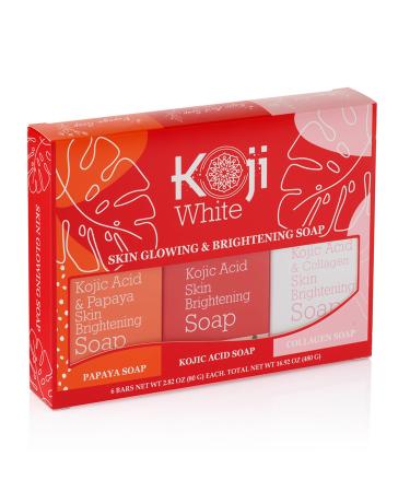 Koji White Kojic Acid Soap Gift Set for Women Papaya Soap Collagen Soap - Skin Brightening for Face and Body Uneven Skin Tone Bar Paraben-Free Vegan 2.82 Oz (6 Bars)