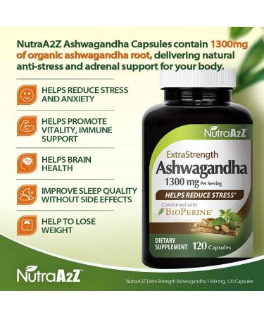 NutraA2Z Extra Strength Ashwagandha - 120 Vegetarian Capsules - 1300mg Root Powder with BioPerine - Stress Reduction Support - Buy Online on GoSupps.com