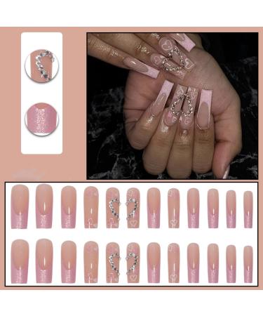 24 Pcs Heart False Nails with Diamond | Peach Pink French Press on Nails | Ballerina Stick on Nails for Women | Medium Length Acrylic Coffin Fake Nails with Glue for Nail Art - Buy Online on GoSupps.com