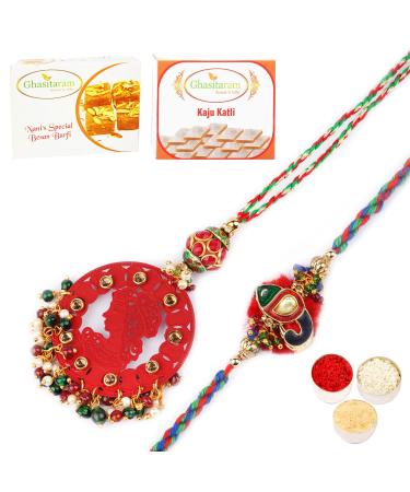 Ghasitaram Gifts Rakhis Online - Rakhi for Brother- RM-140 Bhaiya Bhabhi Rakhi with 200 GMS of Besan Barfi and 200 GMS of Kaju Katli Rakhi Set with 200 gms of Besan Barfi & Kaju Katli
