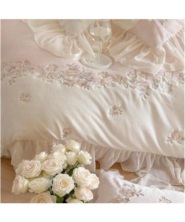Rose Flowers Embroidery Romantic French Lace Ruffles Bedding Set Plush Warmth Velvet Fleece Duvet Cover Set Bed Sheet Pillowcase Bedding Set (Pink Flat Sheet Style_Queen) - Buy Online on GoSupps.com