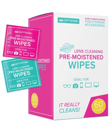 OPTIPAK Pre-Moistened Wipes Glasses and Lens Cleaner - Individually Wrapped Disposable Wipes for Eyeglass, Glass Screen, Phone, Camera, Sensitive Surfaces (60 Count) 60 Count (Pack of 1)