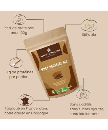 ALTER NUTRITION - Whey Protein Bio - Cocoa - Mass Gain - Recovery - BCAA - Organic Cow Milk - No Added Sugars - Made in France - 18g Protein Per Scoop - Bag of 500g - Buy Online on GoSupps.com