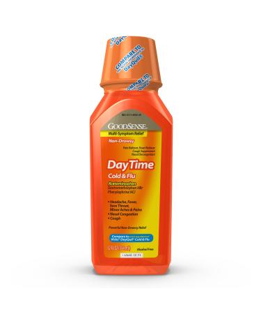 GoodSense Daytime Cold & Flu Multi-Symptom Relief Non-Drowsy Effective Relief for Fever Sore Throat Cough Nasal Congestion 12 Fl Oz 12 Fl Oz (Pack of 1)
