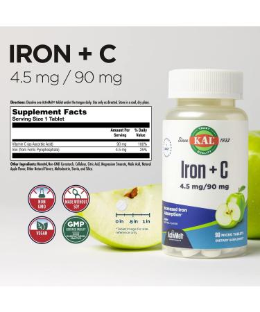 KAL Iron Plus C Instant Dissolve Supplement - Natural Apple Flavor | 90 Micro Tablets | Increased Absorption Iron Pills | GMP Certified | 60-Day Money Back Guarantee - Buy Online on GoSupps.com