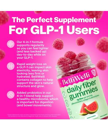 Belli Welli Fiber Gummies Supplement with Added Probiotics Collagen and Electrolytes for Regularity and Bloat Relief Watermelon 120 Count - Buy Online on GoSupps.com