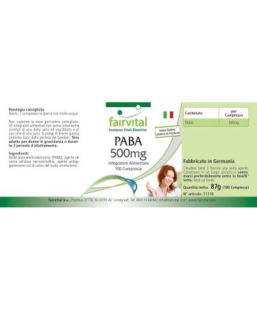 Fairvital | PABA 500mg (Vitamin B-10 para-aminobenzoic acid) 100 tablets VEGANs - against wrinkles skin protection and lets gray hair disappear - Buy Online on GoSupps.com