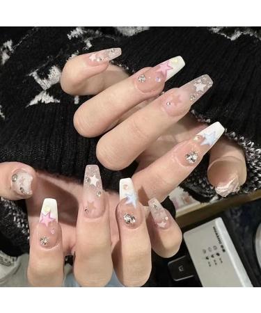 Sweet and Spicy Wind Explosive Sparkling Pink Blue Star Water Diamond Nail Patch Handmade Wear Nail Patch False Nail Patch Detachable(M) - Buy Online on GoSupps.com