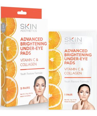 Vitamin C & Collagen Under Eye Patches - Reduces Dark Cirles Wrinkles & Crow's Feet Advanced Brightening Under Eye Pads - Cruelty Free Korean Skin Care For All Skin Types - 5 Pairs