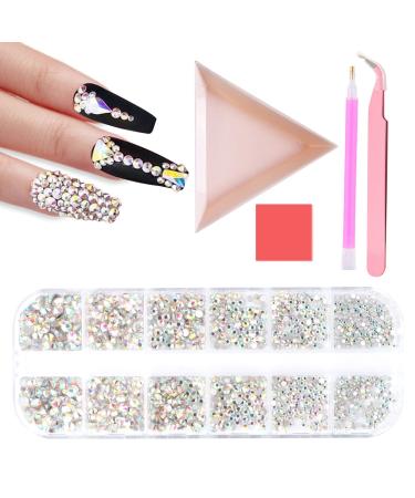 1600 pieces of rhinestones nail art glitter stones 6 sizes from rhinestones self -adhesive with pick -up tweezers and rhinestone picker dotting pen tray street stones mucus color1
