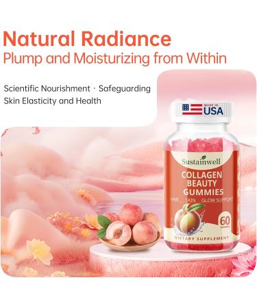SustainWell Colageno Hidrolizado Gummies 5000mcg of Biotin Type I II III V X with Vitamin C E Selenium-Supports Skin Joints Gut Health Anti-Aging Sugar Free Peach Flavored 60 Gummies - Buy Online on GoSupps.com