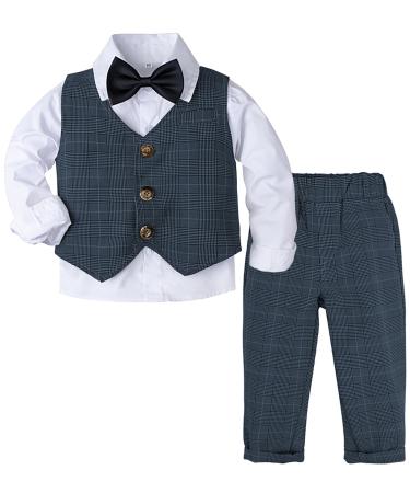 mintgreen Baby Boys Gentleman Suit Set Long Sleeve Shirt with Bowtie + Waistcoat + Pants Size: 1-4 Years Navy 12-18 Months