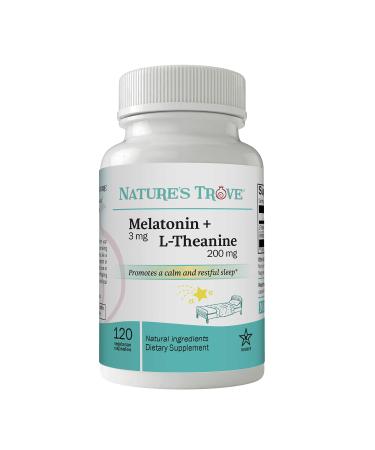 Nature's Trove Melatonin 3mg + L Theanine 200mg Calm and Relaxation 120 Kosher Vegetarian Capsules 120 Count (Pack of 1)
