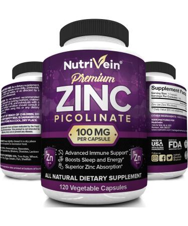 Nutrivein Premium Zinc Picolinate 100mg - Immunity Defense & Cellular Regeneration - 120 Capsules - Buy Online on GoSupps.com