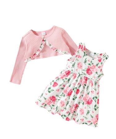 puseky Toddler Girl Dress and Cardigan 2 Piece Girl Floral Print Sleeveless Dress and Ribbed Cardigan Coat Set 2-3 Years Pink