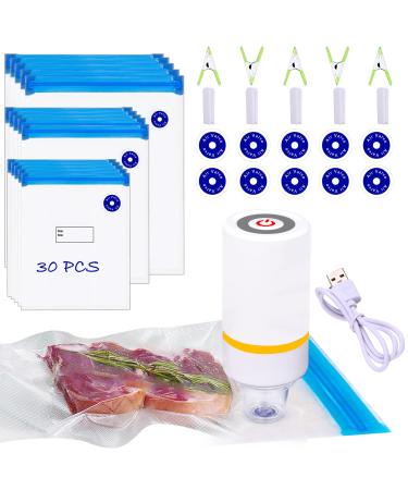 Sous Vide Bags, 42 PCS Electric Vacuum Sealer Food Vacuum Sealer & Reusable Vacuum Food Storage Bags for Anova, Joule Cookers -30 PCS Reusable Vacuum Sealer Bags,5 Clips & 5 Sealing Clips,Rechargeable Vacuum Sealer Set Vac