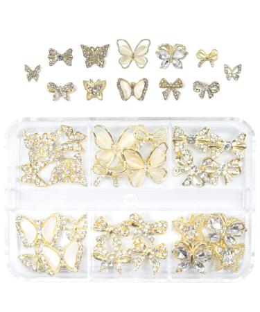 24 Pcs Butterfly Nail Charms  qiipii 12 Pair Gold Butterflies Charms for Nails Bow Nail Crystals Diamonds Rhinestones  3D Alloy Luxury Nail Gems Cute Nail Art Supplies for Nails Decoration Crafts DIY Luxury Style Nail Ch...
