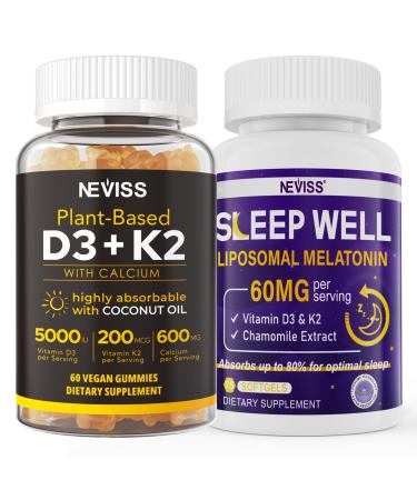 NEVISS Vitamin D3K2 5000IU Gummies + Melatonin 60mg for Adults Bundle