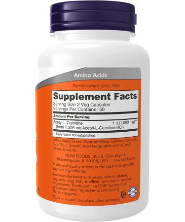 NOW Supplements Acetyl-L Carnitine 500mg - Support Brain & Nerve Cell Function - 100 Veg Capsules - Buy Online on GoSupps.com