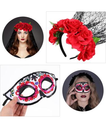 FRCOLOR Mexican Rose Floral Crown Veil with Mask Women Costume for Halloween Party - Buy Online on GoSupps.com