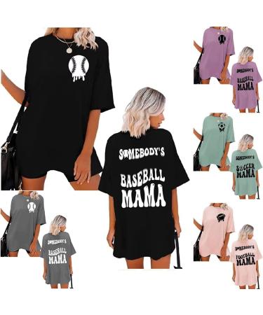 Oversized T Shirts for Women Summer Letter Print Baseball Shirt Vintage Short Sleeve Casual Loose Fit Mom Blouse Tops Black X-Large