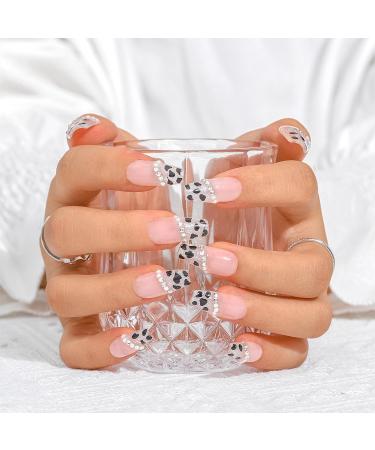 Sethexy French Long Coffin False Nails - Handmade Strass Pearl Glossy Leopard Print Nails | Salon Quality Press-On Acrylic Glitter Nail Art for Women & Girls - Buy Online on GoSupps.com