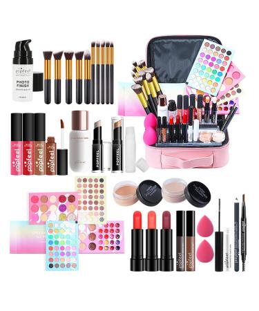 Jascherry make-up gift set for women all in a make-up set with portable pink bag trip cosmetics set with eyeshadow lipstick lip gloss mascara for face eyes and lips
