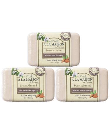 A La Maison Sweet Almond Bar Soap 8.8 oz. | 3 Pack Triple French Milled All Natural Soap | Moisturizing and Hydrating For Men, Women, Face and Body
