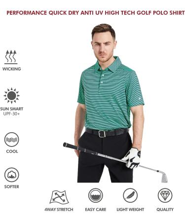 Men's Golf Polo Shirt - Green Stripe | Short Sleeve Moisture Wicking Dry Fit - Large Size - Buy Online on GoSupps.com