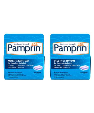 Pamprin Multi-Symptom Formula with Acetaminophen Menstrual Period Symptoms Relief including Cramps Pain Irritability and Bloating 20 Caplets (Pack of 2)