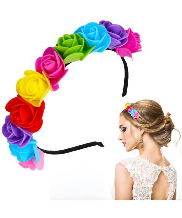 Floral Wedding crown PROUSKY Rose Flower Crown Hair Wreath Floral Headband Flower Hair Accessory Suitable for Wedding Parth Mother's Day Birthday Daily Wear Rainbow