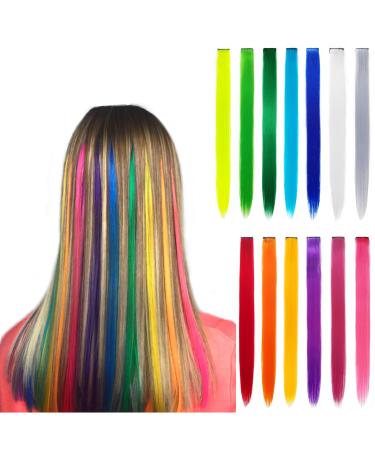 13 Pcs Colored Hair Extensions 20 Inch Colorful Party Highlights Multi-Colors Clip in Synthetic Straight Rainbow Hairpieces for Women Kids Girls(13 colors/pack) Multi-colored 13pcs