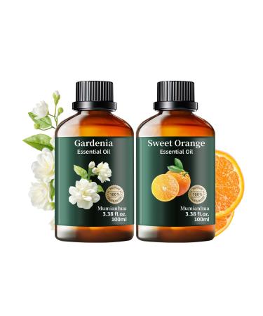 Pure Gardenia & Sweet Orange Essential Oil Set Natural Floral Citrus Oil Duo for Reed Diffuser Skin Hair Care Laundry Perfume & Candle Making 2 x 3.38 Fl Oz