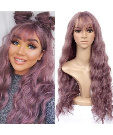 HUA MIAN LI Long Wavy Wig With Air Bangs Silky Full Heat Resistant Synthetic Wig for Women - Natural Looking Machine Made Grey Pink 26 inch Hair Replacement Wig for Party Cosplay Body Wavy (Pink)